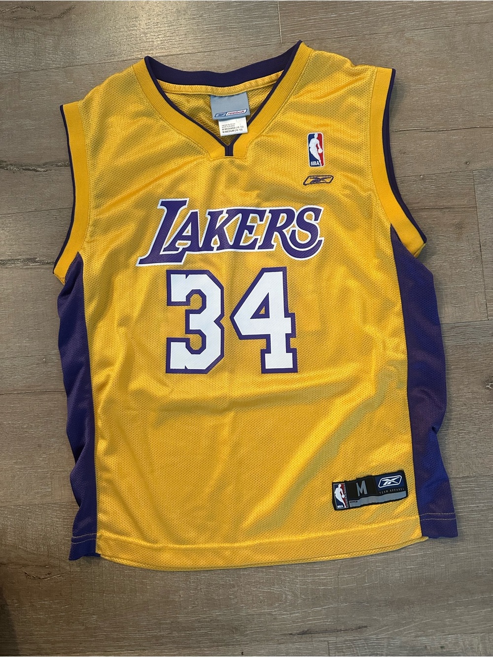 Reebok M Los Angeles Lakers 34 Yellow Purple Basketball Jersey Shaquille O’Neal
